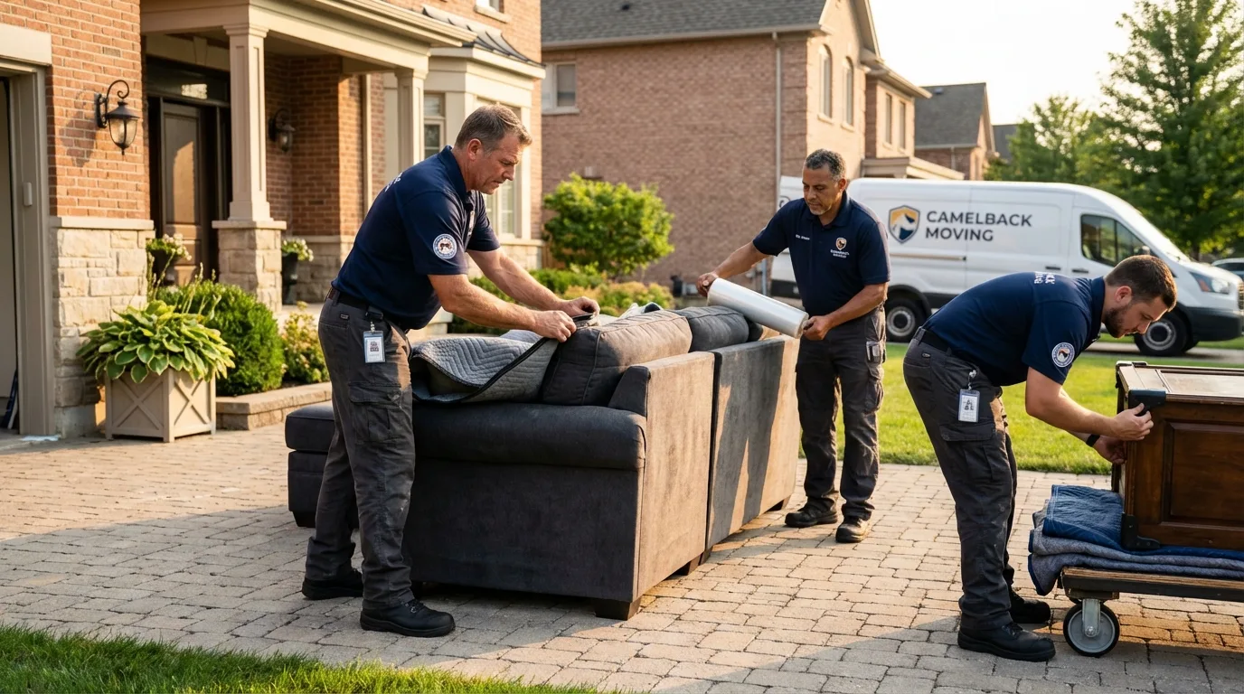 Large estate moving crew wrapping furniture in Falmouth, MA