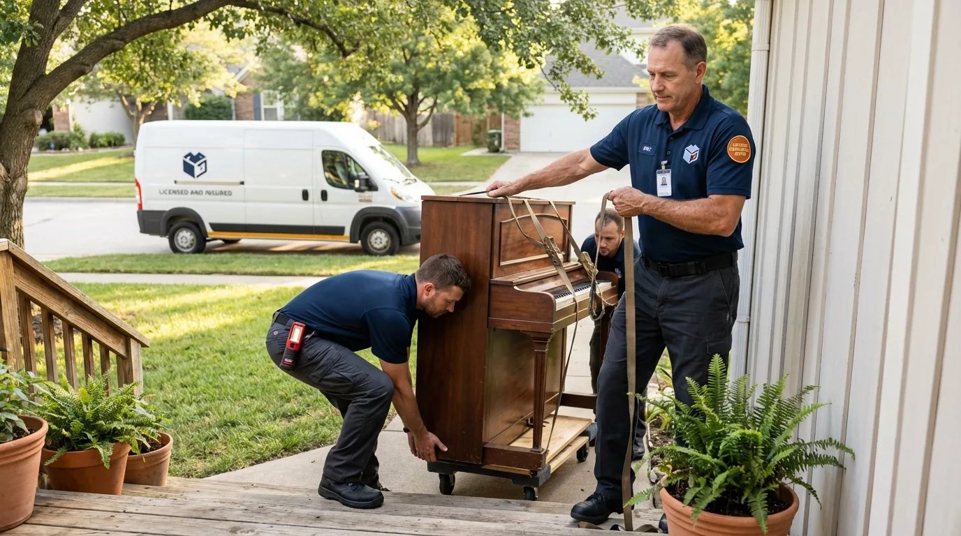 Licensed piano movers securing grand piano in Falmouth, MA