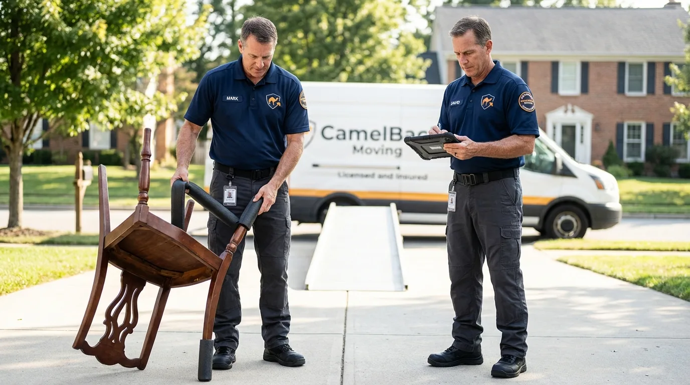 Movers inspecting furniture for damage prevention before loading in Falmouth, MA