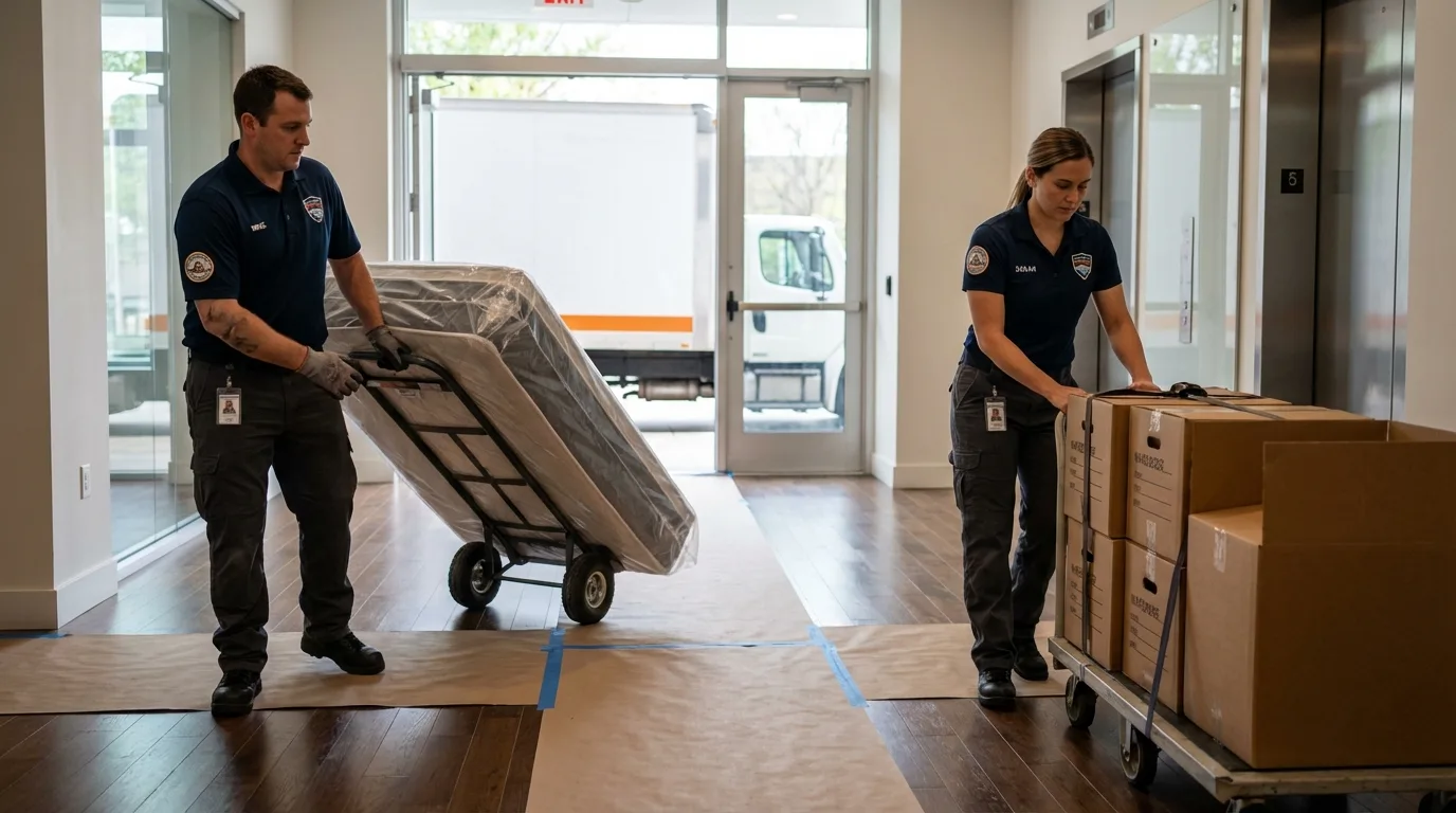 Professional apartment movers loading elevator in Falmouth, MA