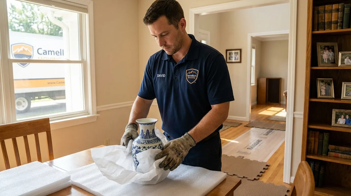 Professional crew carefully wrapping antique vase for senior downsizing move in Falmouth, MA