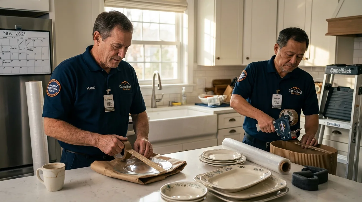 Professional crew packing kitchen dishware in Falmouth, MA